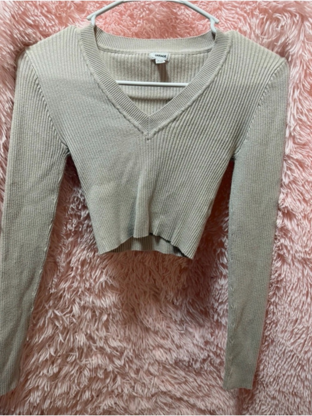 Garage Beige Ribbed V-Neck Cropped Sweater Top